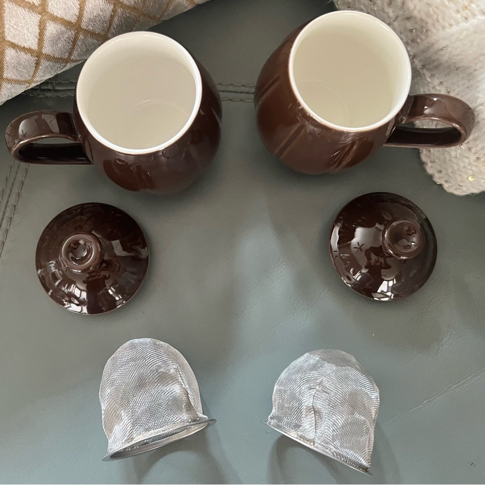 Vintage TEAVANA Brown MCM PORCELAIN 6pc TEA Coffee 8oz CUP MUG SET w/ Infusers - Picture 7 of 16